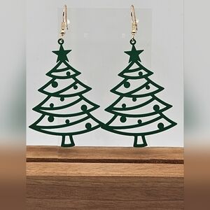 Metal Green Christmas Tree Earrings, NWOT, Green/Gold Accents